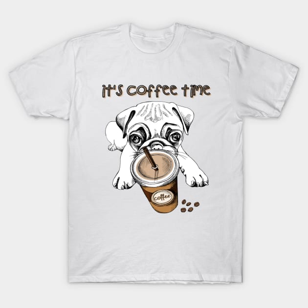 Pug puppy with a plastic cup of coffee T-Shirt by amramna